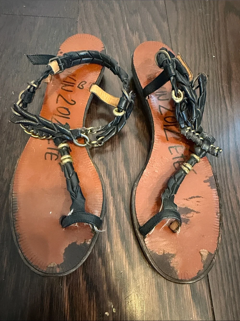 Lanvin Black Braided Leather Sandals with Gold Chain Accents